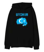 Doğu Türkistan,Uyghur,East Turkestan. Siyah Oversize Unisex Kapüşonlu Sweatshirt - Thumbnail