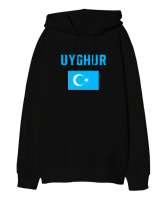 Doğu Türkistan,Uyghur,East Turkestan. Siyah Oversize Unisex Kapüşonlu Sweatshirt - Thumbnail