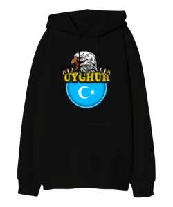 Doğu Türkistan,Uyghur,East Turkestan. Siyah Oversize Unisex Kapüşonlu Sweatshirt