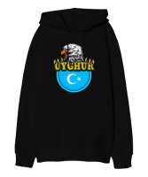 Doğu Türkistan,Uyghur,East Turkestan. Siyah Oversize Unisex Kapüşonlu Sweatshirt - Thumbnail