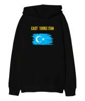 Doğu Türkistan,Uyghur,East Turkestan. Siyah Oversize Unisex Kapüşonlu Sweatshirt - Thumbnail