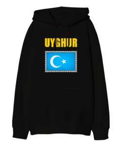 Doğu Türkistan,Uyghur,East Turkestan. Siyah Oversize Unisex Kapüşonlu Sweatshirt