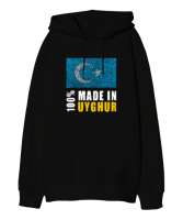 Doğu Türkistan,Uyghur,East Turkestan. Siyah Oversize Unisex Kapüşonlu Sweatshirt - Thumbnail