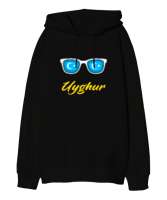 Doğu Türkistan,Uyghur,East Turkestan. Siyah Oversize Unisex Kapüşonlu Sweatshirt - Thumbnail