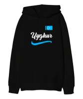 Doğu Türkistan,Uyghur,East Turkestan. Siyah Oversize Unisex Kapüşonlu Sweatshirt - Thumbnail