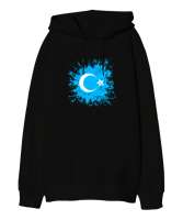 Doğu Türkistan,Uyghur,East Turkestan. Siyah Oversize Unisex Kapüşonlu Sweatshirt - Thumbnail