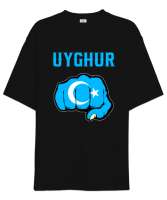 Doğu Türkistan,Uyghur,East Turkestan. Siyah Oversize Unisex Tişört - Thumbnail