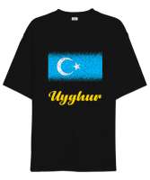 Doğu Türkistan,Uyghur,East Turkestan. Siyah Oversize Unisex Tişört - Thumbnail