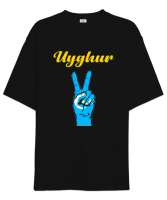 Doğu Türkistan,Uyghur,East Turkestan. Siyah Oversize Unisex Tişört - Thumbnail