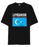 Doğu Türkistan,Uyghur,East Turkestan. Siyah Oversize Unisex Tişört - Thumbnail