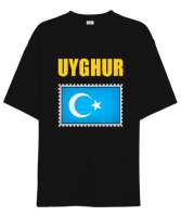 Doğu Türkistan,Uyghur,East Turkestan. Siyah Oversize Unisex Tişört - Thumbnail