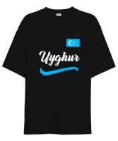 Doğu Türkistan,Uyghur,East Turkestan. Siyah Oversize Unisex Tişört - Thumbnail