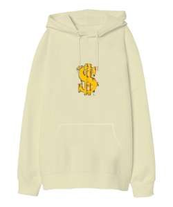 Dolar Logolu Krem Oversize Unisex Kapüşonlu Sweatshirt