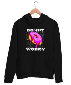 DONUT WORRY Siyah Unisex Kapşonlu Sweatshirt