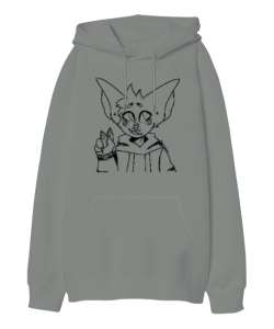 Doodle - Çizgisel Karakter Gri Oversize Unisex Kapüşonlu Sweatshirt