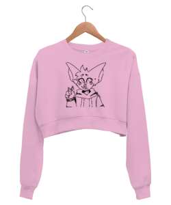 Doodle - Çizgisel Karakter Pembe Kadın Crop Sweatshirt