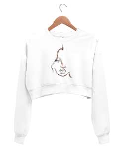 Doodle - Çizgisel Yüz Beyaz Kadın Crop Sweatshirt