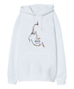 Doodle - Çizgisel Yüz Beyaz Oversize Unisex Kapüşonlu Sweatshirt