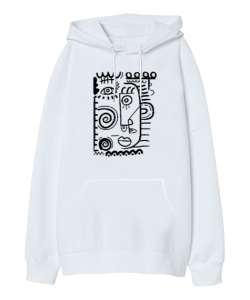 Doodle Fantastik Çizim Beyaz Oversize Unisex Kapüşonlu Sweatshirt