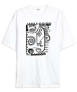 Doodle Fantastik Çizim Beyaz Oversize Unisex Tişört