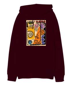 Doodle Fantastik Çizim Bordo Oversize Unisex Kapüşonlu Sweatshirt