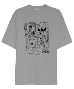 Doodle Fantastik Çizim V2 Gri Oversize Unisex Tişört