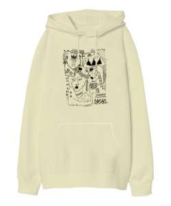 Doodle Fantastik Çizim V2 Krem Oversize Unisex Kapüşonlu Sweatshirt