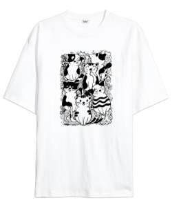 Doodle - Kediler - Cats Beyaz Oversize Unisex Tişört