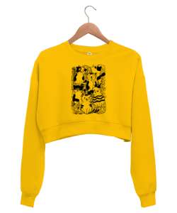 Doodle - Kediler - Cats Sarı Kadın Crop Sweatshirt