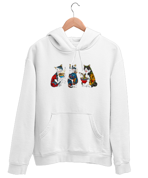 Tisho - Dövmeli Hippi Kediler - Cat Beyaz Unisex Kapşonlu Sweatshirt