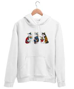 Dövmeli Hippi Kediler - Cat Beyaz Unisex Kapşonlu Sweatshirt