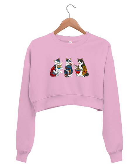 Tisho - Dövmeli Hippi Kediler - Cat Pembe Kadın Crop Sweatshirt