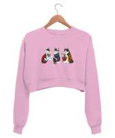 Dövmeli Hippi Kediler - Cat Pembe Kadın Crop Sweatshirt - Thumbnail