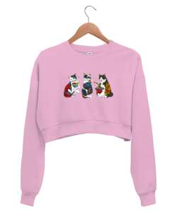 Dövmeli Hippi Kediler - Cat Pembe Kadın Crop Sweatshirt