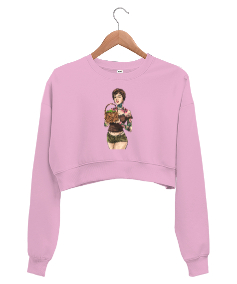 Tisho - Dövmeli Kız - Tattoo Girl Pembe Kadın Crop Sweatshirt