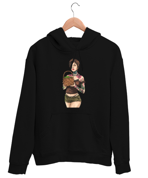 Tisho - Dövmeli Kız - Tattoo Girl Siyah Unisex Kapşonlu Sweatshirt