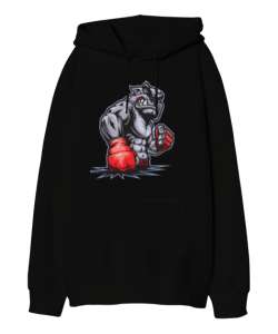 Dövüşçü bulldog baskılı Siyah Oversize Unisex Kapüşonlu Sweatshirt