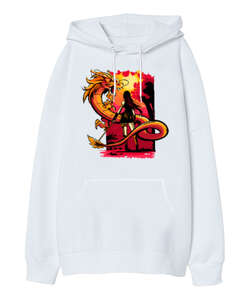 Dragon And Girl Beyaz Oversize Unisex Kapüşonlu Sweatshirt