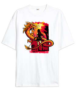 Dragon And Girl Beyaz Oversize Unisex Tişört