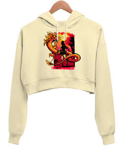 Dragon And Girl Krem Kadın Crop Hoodie Kapüşonlu Sweatshirt