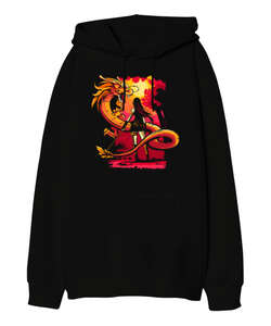 Dragon And Girl Siyah Oversize Unisex Kapüşonlu Sweatshirt