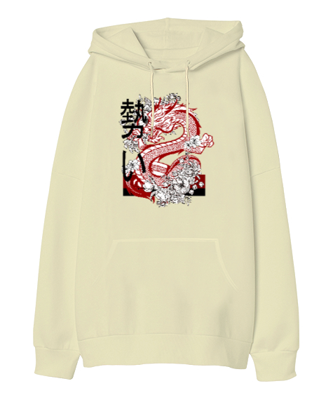 Dragon - Ejderha Krem Oversize Unisex Kapüşonlu Sweatshirt