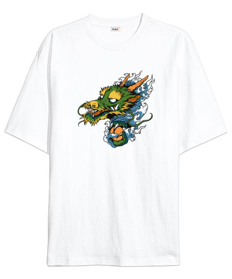 Tisho - Dragon - Ejderha v2 Beyaz Oversize Unisex Tişört