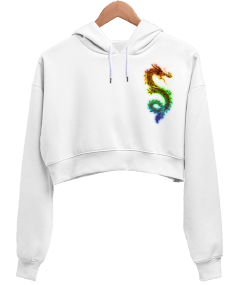 Dragon Figürlü Kadın Crop Hoodie Kapüşonlu Sweatshirt