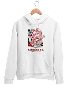 Dragon printed. Beyaz Unisex Kapşonlu Sweatshirt