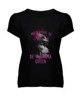 Drama Kraliçesi - Kedi - Queen Cat Siyah Kadın V Yaka Tişört - Thumbnail