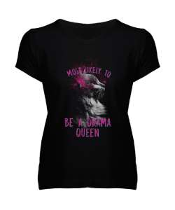 Drama Kraliçesi - Kedi - Queen Cat Siyah Kadın V Yaka Tişört