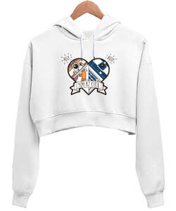 Droid R2-D2 BB-8 Çok Tatlısın Tasarım Baskılı Beyaz Kadın Crop Hoodie Kapüşonlu Sweatshirt