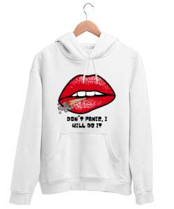 DUDAK RESİMLİ DONT PANİC, I WILL DO IT YAZILI Beyaz Unisex Kapşonlu Sweatshirt