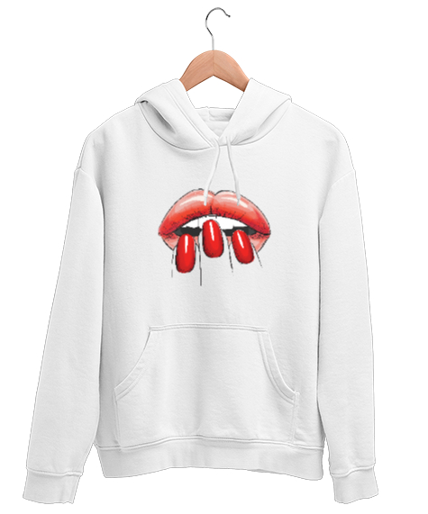 Tisho - Dudak ve Parmaklar - Lips Beyaz Unisex Kapşonlu Sweatshirt